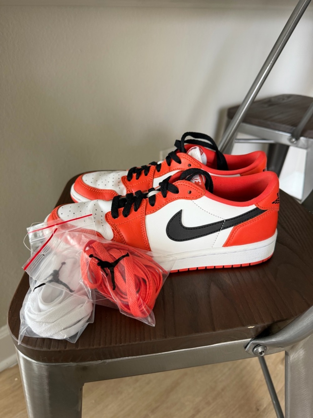 Nike Air Jordans Low Top Sneakers in White, Orange & Black - Picture 9 of 9